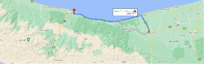 فاصله آمل تا نوشهر با نقشه