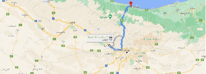 فاصله کرج تا نوشهر با نقشه