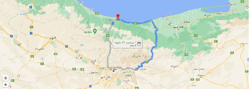 فاصله رودهن تا نوشهر با نقشه