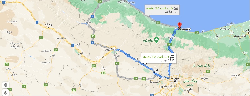 فاصله قزوین تا نوشهر با نقشه