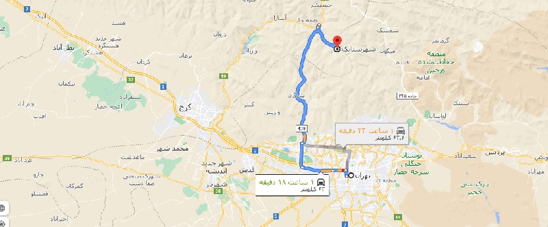 فاصله تهران تا شهرستانک با نقشه