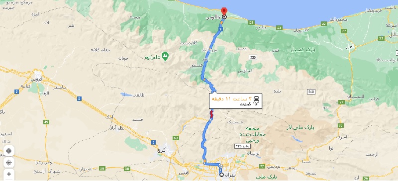 فاصله تهران تا چالوس با نقشه