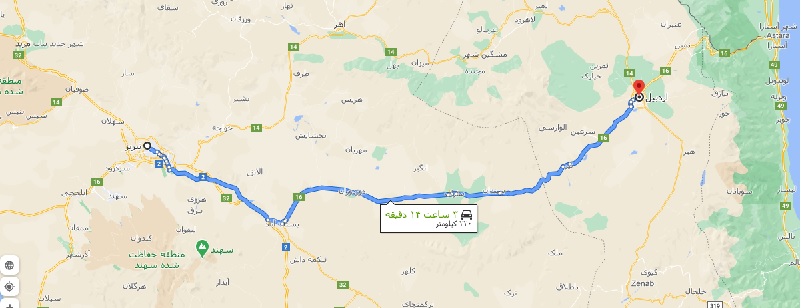 فاصله تبریز تا اردبیل با نقشه