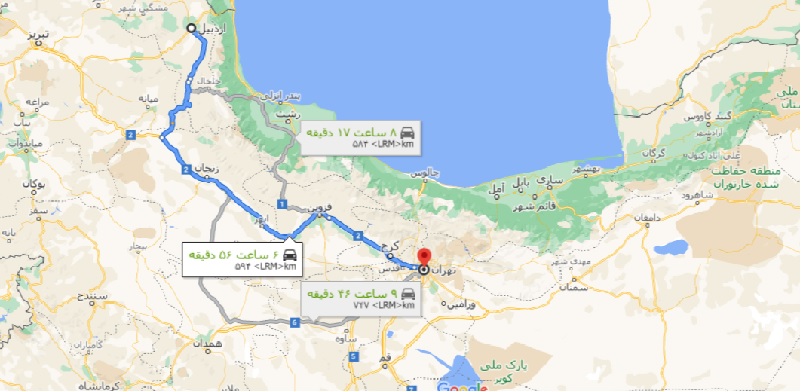 فاصله اردبیل تا تهران با نقشه
