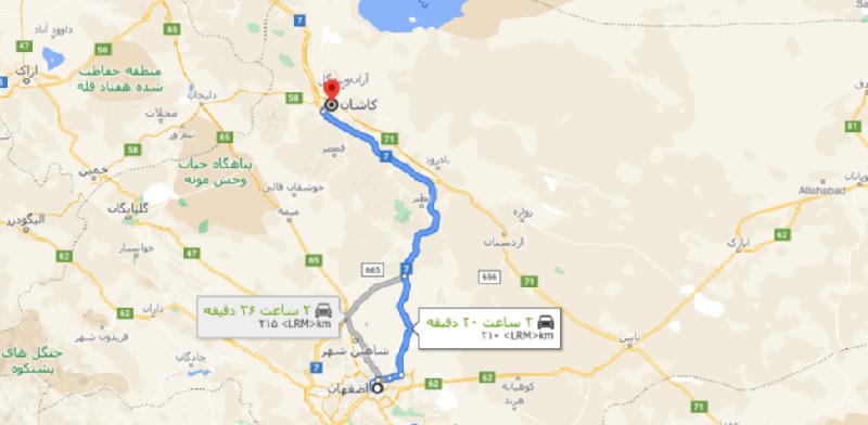 فاصله اصفهان تا کاشان با نقشه