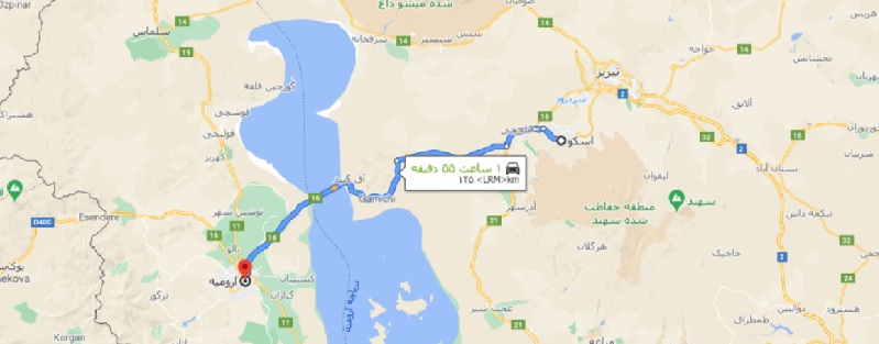 فاصله اسکو تا ارومیه با نقشه