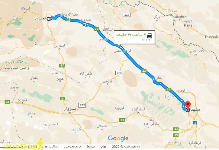 فاصله بجنورد تا مشهد