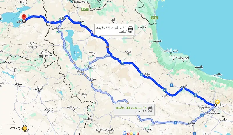 فاصله تهران تا وان