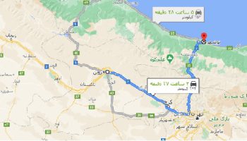 فاصله قزوین تا نوشهر با نقشه